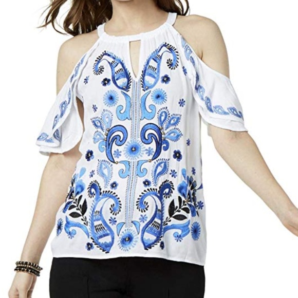 INC International Concepts Tops - INC - Womens Plus Embroidered Cold Shoulder Blouse